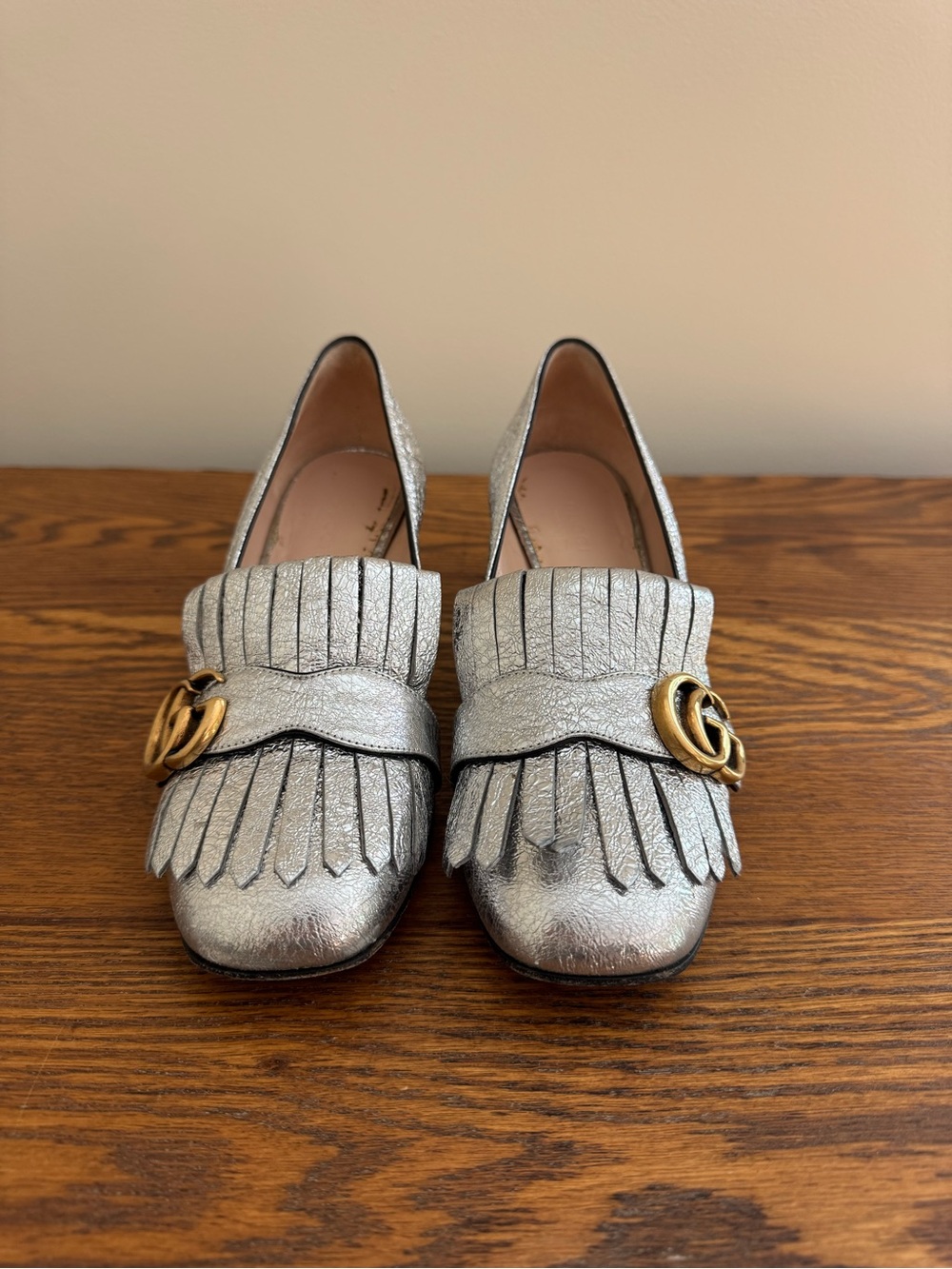 Gucci Double G Metallic Silver Fringe Loafers